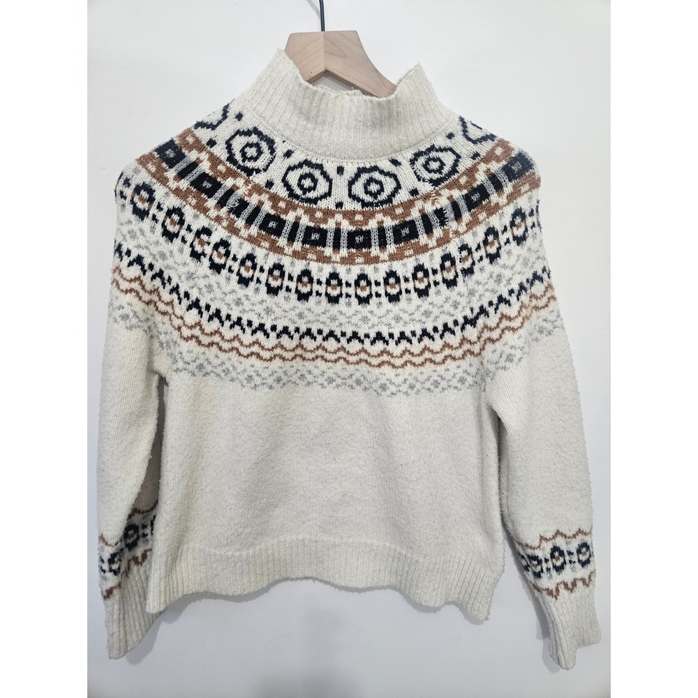 Cupcakes and Cashmere Cream Fair Isle Mock Neck Sweater Small Black Brown Grey